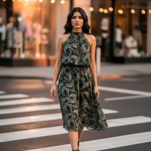 Elegant Green Paisley Halter Dress